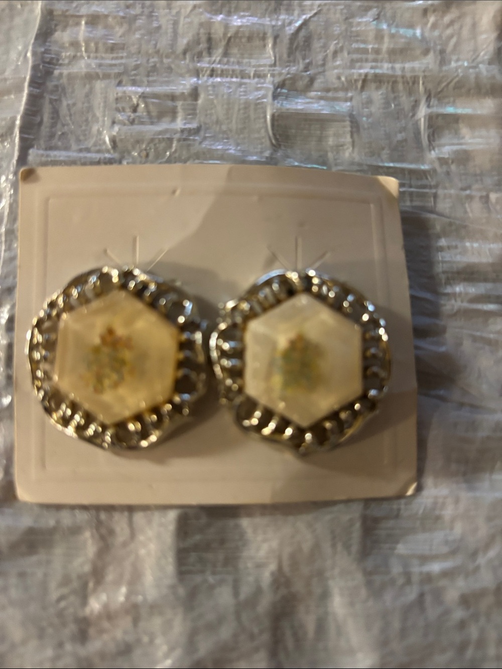 Gold-Tone Cream Floral Hexagon Clip-On Earrings with Rhinestone Border